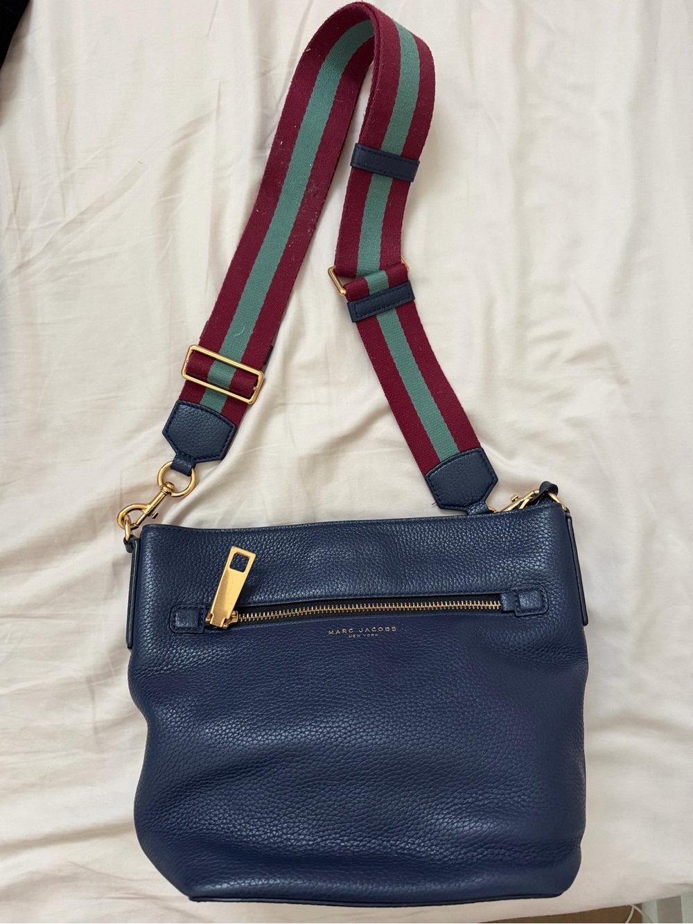 Marc Jacobs Navy Pebbled Leather Crossbody with Burgundy and Teal Strap